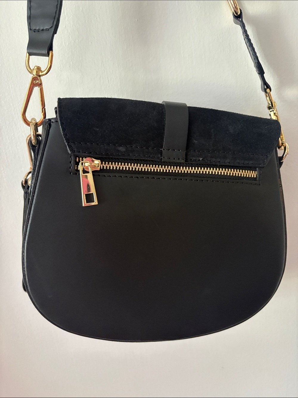 Black Suede & Leather Crossbody Bag with Gold Hardware - Picture 3 of 6